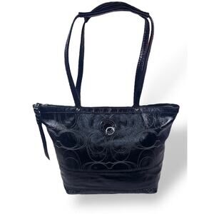 Coach Black Patent Leather Signature C Tote Bag Zip Top Shoulder